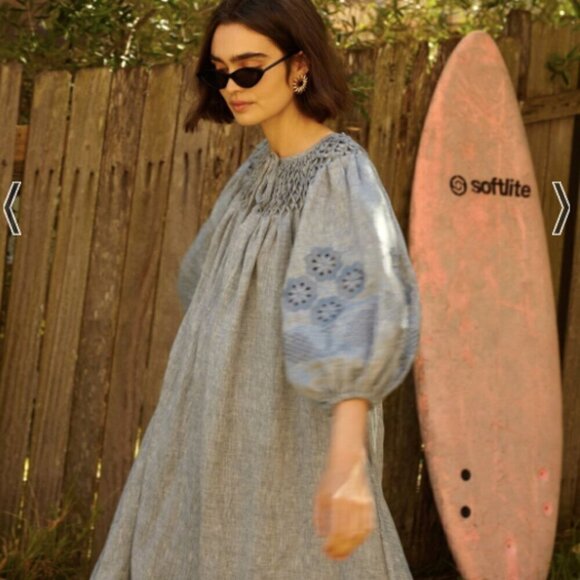 Innika Choo Smocked Floral Embroidered Eyelet Linen Dress - Picture 2 of 10